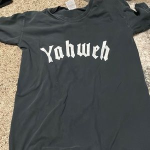 Christian shirt JESUS! Dark grey shirt, shirt size: Large, made in 100% cotton.